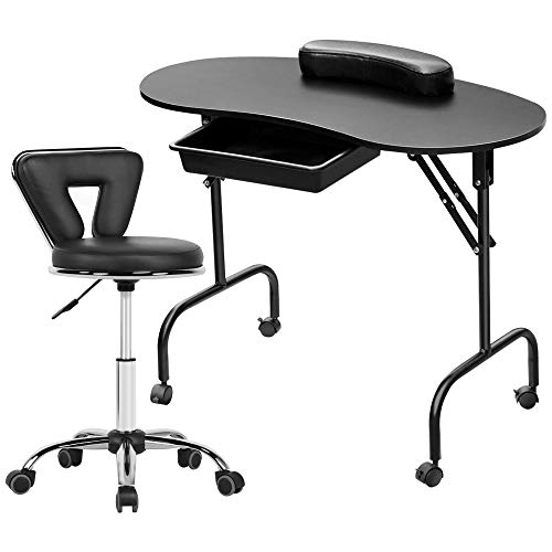 Topeakmart 37-inch Foldable Manicure Nail Table Station Desk with Client Wrist Pad/Carrying Case and Adjustable Rolling Stool Swivel Salon Stool Chair Set Black