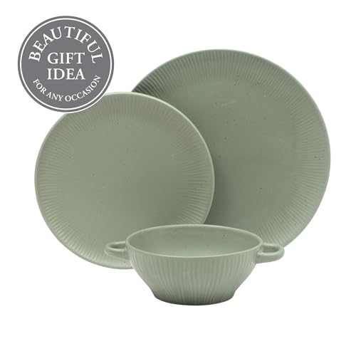 Image of Gibson Elite Clover Hill 12-Piece Stoneware Dinnerware Set - Assorted Colors in Sage Green, Charcoal, Taupe & Cream - Embossed Reactive Glaze Plates & Bowls, Microwave & Dishwasher Safe, Service for 4