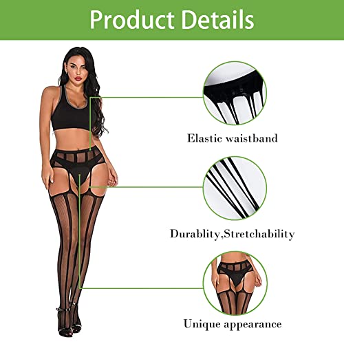 Image of Women's High Waist Fishnet Tights Suspenders Pantyhose Thigh High Stockings Black