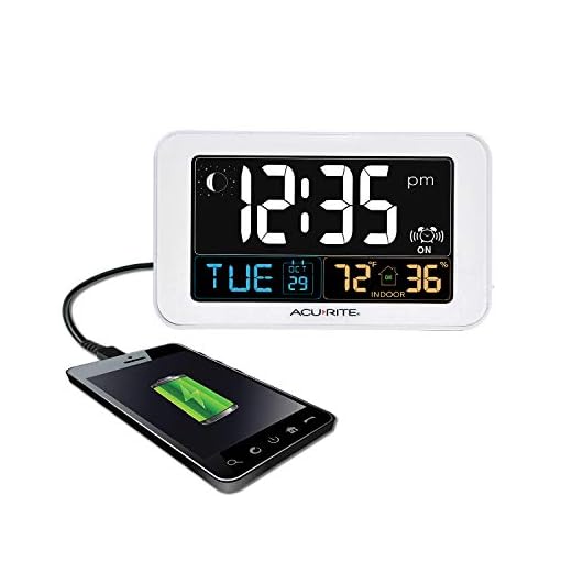 AcuRite Intelli-Time Alarm Clock with USB Charger, Indoor Temperature and Humidity (13040CA), 0.8, White