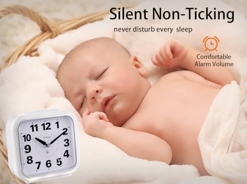 Image of Tinload 5.5 inch Large No Ticking Analog Alarm Clock,Silent Readable for Seniors,Easy to Set,Gradual Rise Alarm,Big Numbers,Gentle Wake,Snooze, Lighted on Demand,Battery Operated,White