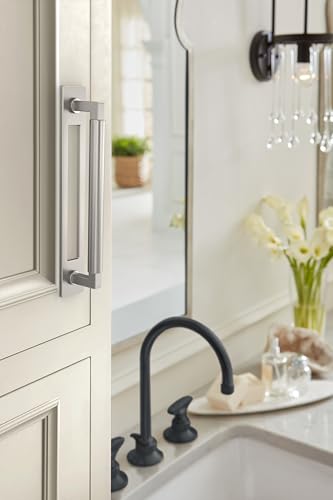 Image of Amerock Medora 6-5 /16 inch Satin Nickel Backplate | Decorative zinc cabinet hardware backplate designed to complement knobs and pulls while protecting cabinet surfaces