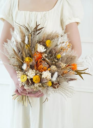Ramo rústico boho beige y naranja para boda miniatura 4