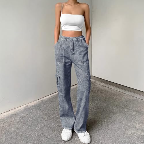 Image of Lepunuo Cargo Pants for Women High Waisted Casual Pants Baggy Stretchy Wide Leg Y2K Streetwear with 6 Pockets