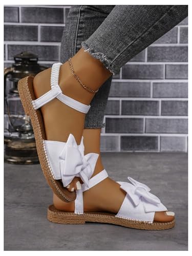 Image of GORGLITTER Women's Bow Flat Sandals 2026 Dressy Cute Ankle Strap Slides | Summer Shoes for Women 2026, Slip On Open Toe Flats, Slingback Slides, Vacation Dress Sandals