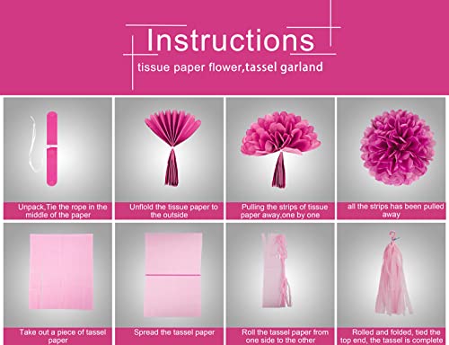 Image of Hot Pink White Party Decorations - 23pcs Tissue Paper Flower Pom Poms Tassel Garland Pennant Banner Flags Streamers Women Girl Birthday Baby Bridal Shower Engagement Bachelorette Wedding Hanging Decor