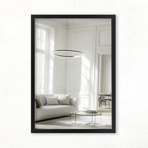 CLAMARO 'VISION' Espejo de pared 80x110 cm a medida | Negro mate | Espejo moderno rectangular con marco de madera MDF, incluye colgadores de metal y material de montaje (formato horizontal y vertical)