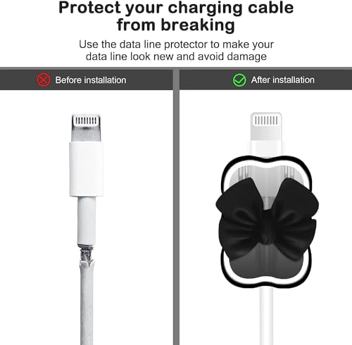 Image of INEFABLE Charger Case Cover Protector with 3D Cute Pattern for iPhone Charger only 18W & 20W, Data Charging Cable Wire Saver Protective Cable Cover Full Protection - Set Of 1 (Black Bow)