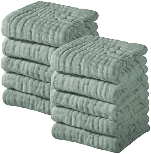 Yoofoss Muslin Baby Washcloths 100% Organic Cotton Face Towels 10 Pack Wash Cloths for Baby 12x12in Soft and Absorbent Baby Wipes (Dark Green)