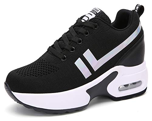 AONEGOLD Baskets Compensées Femmes Chaussure de Sport Mode Sneakers Gym Fitness Compensées 8.5 cm (Noir,37 EU)