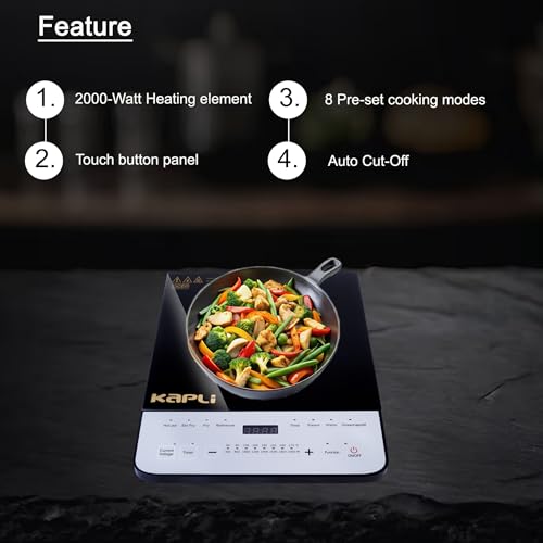 Image of KAPLI 2000 W Induction Cooktop Touch Panel (Black, 8 Pre-set cooking functions Crystal Glass Touch Panel)