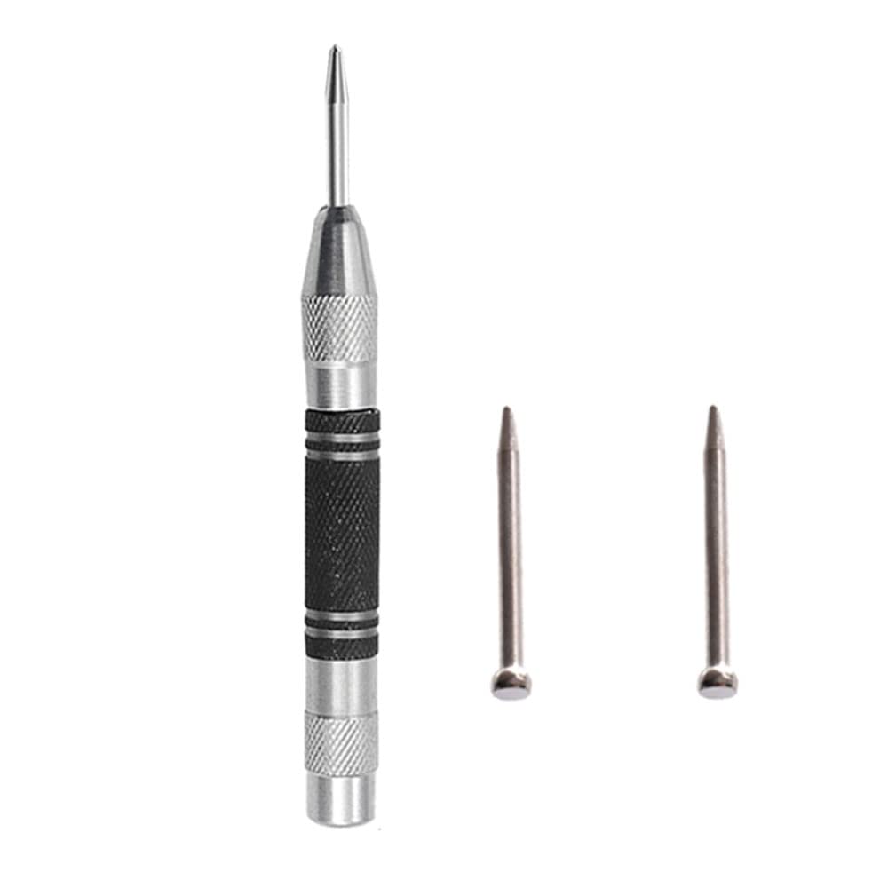 Automatic Centre Punch Woodworking Metal Drill Adjustable Spring Loaded Automatic Punch Hand Tools,1PCS 128mm Silver+2PCS Drills