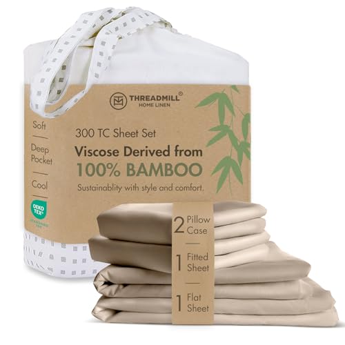 Image of Threadmill 300 TC Viscose Made from Bamboo Full Sheet Set, Beige | 16 inch Deep Pocket, Cooling Sheet, Breathable, Lightweight, OEKO-TEX Certified