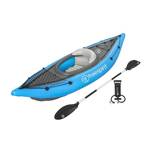 Freespirit Sobek Inflatable Kayak Set for 1 Person with Aluminium Paddles Air Hammer Pump Fins & Carry Bag Inflata-Shield Suitable for Lakes Rivers & Oceans Water Sports 9ft (275cm)