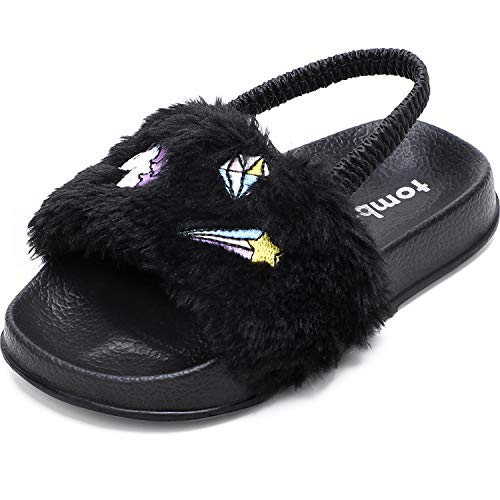 tombik Toddler Girls Furry Slides Faux Fur Sandals Kids House Shoes Black/Unicorn 5-6 US Toddler