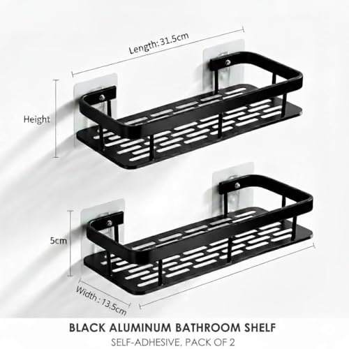 Image of KINCMAX 2Pcs Aluminium Self Adhesive Wall Mounted Shelf for Bathroom Multipurpose Organizer Wall Mounted Bathroom Rack Space Saving Without Drill Wall Shelf Easy To Instal Wall Stand (Black)