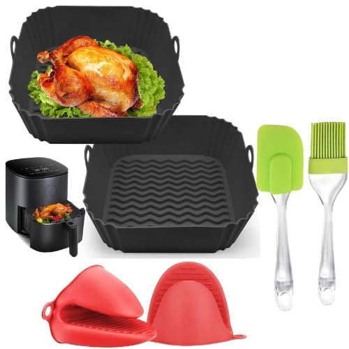The Complete Air Fryer Package - 2 Air Fryer Liners & Accessories - 8.5 inch (5-9 Qt) Food Grade BPA-Free Reusable Silicone Baskets/Pots/Liners with Oven Mitts, Basting Brush-picture-11