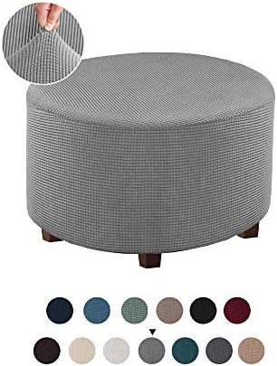 VIENLOVE Round Ottoman Slipcover Polyester Blend Footstool Protector Covers Stretch with Elastic Bottom Feature Textured Machine Washable Jacquard Fabric (Gray, Large Size)