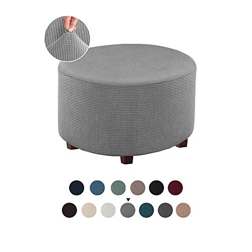 Vienlove Round Ottoman Slipcover Polyester Blend Footstool Protector Covers Stretch With Elastic Bottom Feature Textured Machine Washable Jacquard Fabric (Gray, Large Size) #TOP2