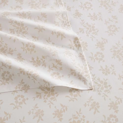 Image of Martha Stewart - Twin Size Sheets Set, Crisp & Tailored Cooling Sheets w /a Naturally Smooth Cotton Percale Lightweight Feel - Bed Sheets with Matching Pillowcase & Fitted Sheet (Floral White)