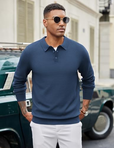 COOFANDY Men's Knit Polo Sweater Long Sleeve Casual Collared Quarter Button Golf Waffle Textured Sweater2