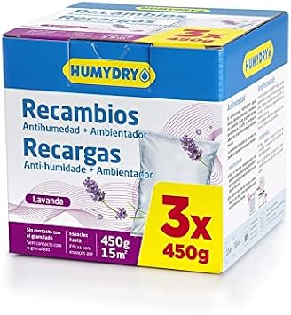HUMYDRY - Pack of 3 Anti-Moisture Refills 450 g   Absorbs Moisture, Prevents Odors and Stains   Compatible with Humydry Premium 450, Smart and Premium Plus Dehumidifiers   Lavender Aroma   Capacity 15 m