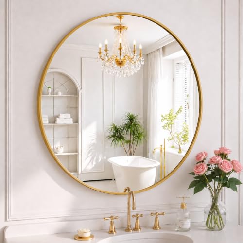 Image of Simple Deluxe 24 Inch Round Bathroom Mirror, Black Vanity Mirror with Metal Frame, Modern Circle for Bathroom, Entryway, Bedroom, Living Room, Wall Mounted Decorative Mirrors (Gold)