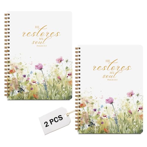 Image of 2Pcs Bible Verse Christian Notebook for Women, Christian Art Gifts Journal, Prayer Journal for Women, Bible Journaling Notebook, PSALM 23:3 He Restores My Soul Floral Spiral Notebooks 5.5x8.3 inch