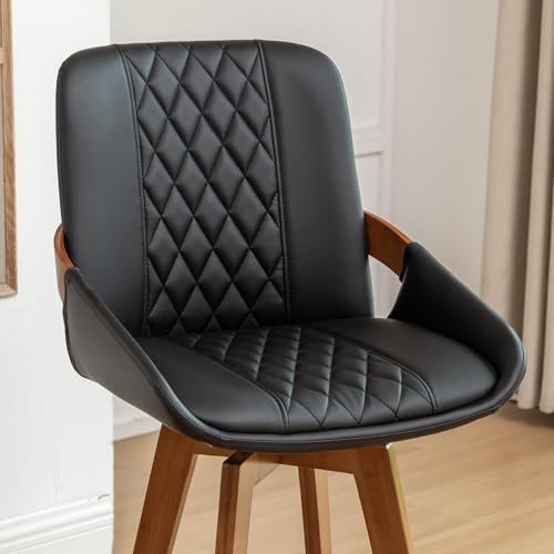 Image of Bar Stools Set of 2, Mid Century Modern Retro Swivel Counter Height Bar Chairs, Furniture with Curved Back, Faux Leather Upholstered and Walnut Wood Frame for Bar /Pub /Island (Black, 26.3 inch-2 PCS)