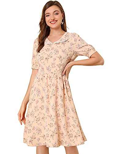 Image of Allegra K Women's Vintage Peter Pan Collar High Waist Flowy Midi Puff Sleeve Floral Dress