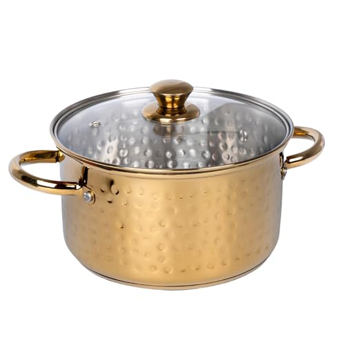 Image of Zaib TOPSYTURVY Stainless Steel Hammered Gold PVD Coated Saucepot with Glass Lid 20 CM | Multipurpose Cooking Pot for Gas & Induction | Even Heat Distribution