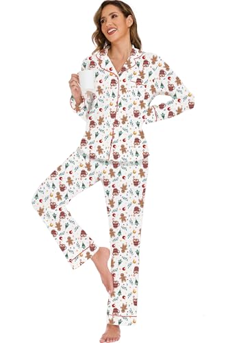Image of LUBOT Christmas Pajamas for Women 100% Cotton Pajama 2 Piece PJ Set Soft Long Sleeve Button Xmas Print Loungewear XS-XXL