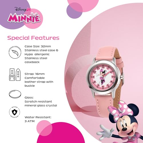 Disney Minnie Mouse Watch for Girls – Cute Minnie Watch for Kids 3-5 with Stainless Steel Bezel & Pink Leather Strap – Adorable Mouse Watches Toddlers & Young Girls – Gift for Fans4
