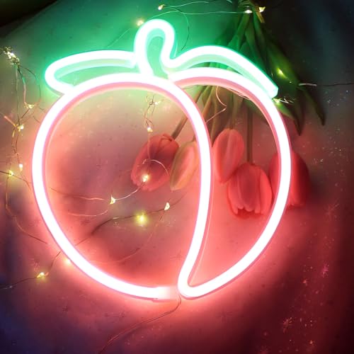 Image of Peach Neon Sign Fruit Peach Neon Signs Cute Neon for wall Decor.Lights Sign for Bedroom Living Room Wall Decoration Fruit Lover Fruit Shop Birthday Party