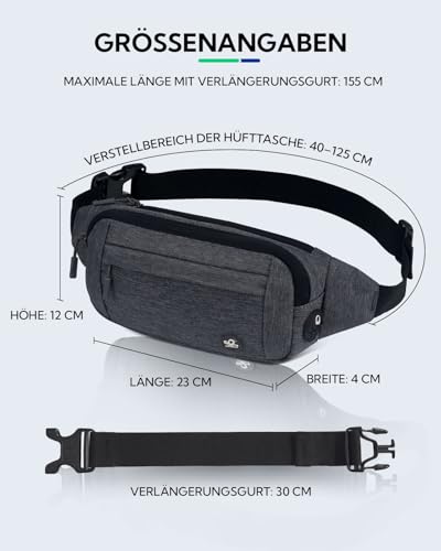 WATERFLY Bauchtasche Hüfttasche Herren Damen: Klein Gürteltasche Sport Bum Hip Bag Männer Frauen Waist Fanny Pack mit Verlängerungsgurt für Reise Wandern Hundetraining Outdoor Dunkelgrau – Bild 3