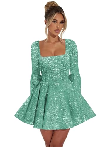 Bolodoo Square Neck Homecoming Dresses Short Mint Green Sparkly Sequin Corset Formal Prom Dresses with Bow A Line Size 10