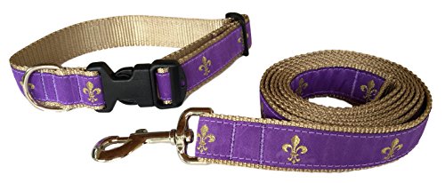 Preston Fleur De Lis Dog Collar and Leash Set in Purple and Gold Ribbon on Gold Nylon Webbing (Large)