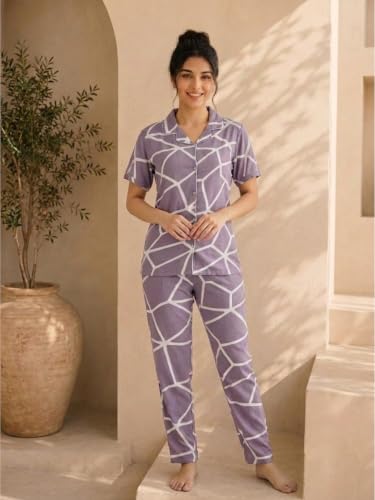 Image of CLOUD SOFT Women's Rayon Night Suit Set | Premium Soft Printed Pajama Set for Women | Shirt & Pajama Sleepwear Combo | Comfortable Ladies Nightwear Loungewear Set (CS12001)