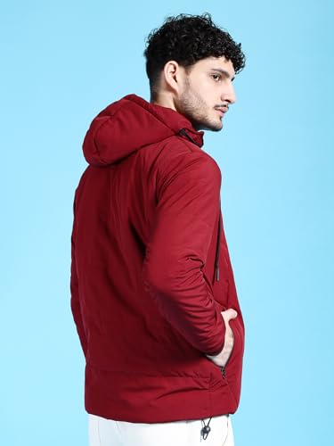 Image of The Indian Garage Co Men Black Regular Fit Solid Hooded Bomber Jacket