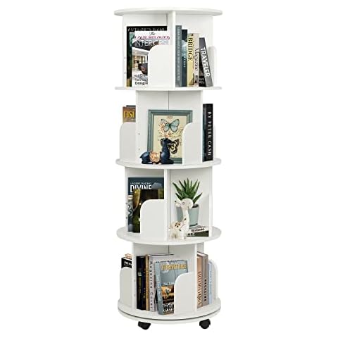 usego 4 Tier Rotating Bookshelf with Wheel Wood 360° Floor Standing Bookcase Display Storage Rack Multi-Functional Bookshelf Organizer for Home Office Living Room Study Cover