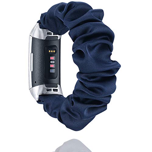 Morning Tree Compatible for Scrunchie Fitbit Charge 4/Charge 3 Bands for Women Girl, Elastic Wristband Cloth Pattern Printed Bracelet Scrunchies Watch Band Replacement for Fitbit HR (Dark Blue)
