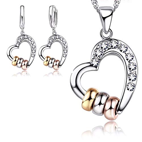 Preisvergleich Produktbild Schmuckhandel Haak *Herz mit Ringen* Halskette mit Ohrringen / Silber beschichtet / Swarovski® Kristalle / inkl. Etui und Schmuckzertifikat