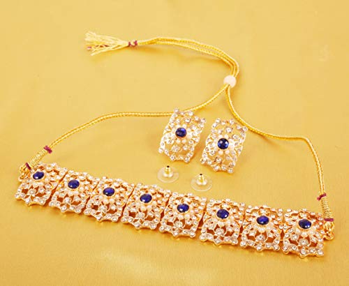 Image of Touchstone Mughal Jali Collection Gold Tone Indian Mughal Bollywood White Diamante Jewelry Choker Set for Women