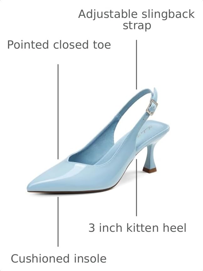 Image of Elisabet Tang Women's Kitten Heel Slingback Low Pumps 3 Inches Stiletto Pointed Closed Toe Elegant Dressy Bridal Wedding Party Shoes