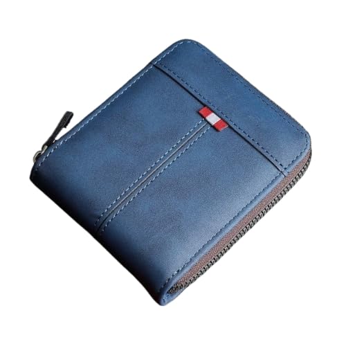 Carteira Masculina de Couro com Zíper Multifuncional Porta Cartões Cédulas Moedas e Documento Design Vintage Slim para Presente(Azul escuro)