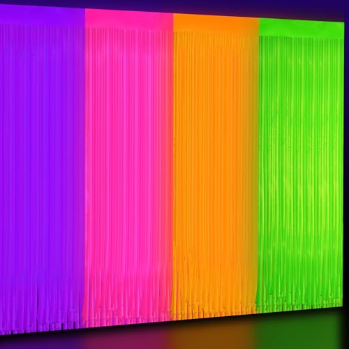 4 Pack Glow in The Dark Curtains Party Supplies 6.6 x 3.3 Ft Glow Tinsel Foil Fringe Curtains Colorful Photo Booth Prop Backdrop Streamer for Birthday Holiday Neon Party Decorations