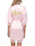 Asenzia Damen Morgenmantel Satin Kurz Braut Robe Kimono Bademantel Mit Spitze Nachthemd Nachtwäsche Sleepwear Mit Gürtel Für Hochzeit Brautpart,Pink-Braut,S