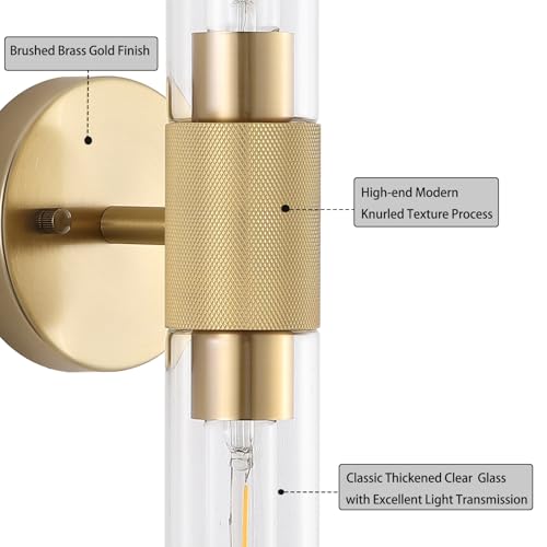 Image of BYOLIIMA Gold Knurled Texture Wall Sconce Clear Glass Shade Modern Bathroom Vanity Light Fixtures 2-Lights Mid Century Wall Light for Mirror Living Room Hallway E26 T10 Bulbs(Excluded)