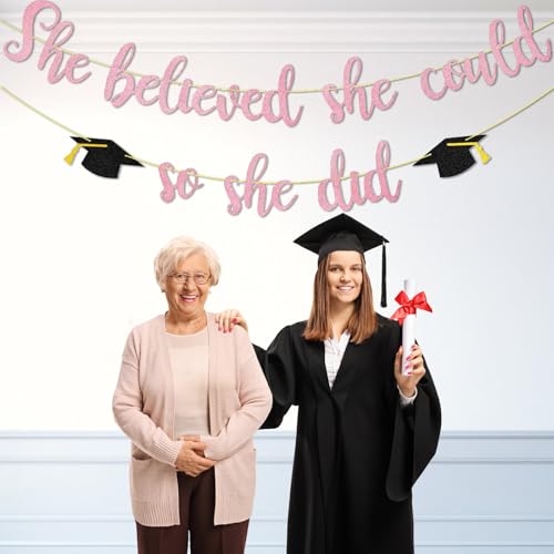 Image of JUESMOS She Believed She Could So She Did Banner Decorations for Graduation Party Women Girls Graduation Banners Pink Glitter Garland for Congratulation Grad Party Supplies School Home Car Decorations