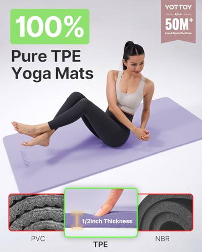 Image of YOTTOY Yoga Mat,Extra Thick Yoga Mat (1 /2inch),Professional TPE Exercise Mat,Non-Slip Workout Mat for Yoga, Pilates, Fitness, Barefoot Workouts, Home Gym Studio with Strap